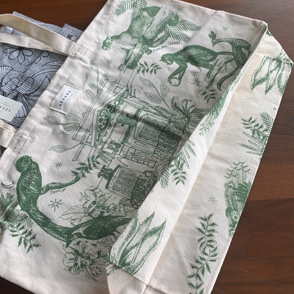 NEW Sezane Tote Bag Paraiso Cream and Green Animal Jungle Print Cotton NWOT